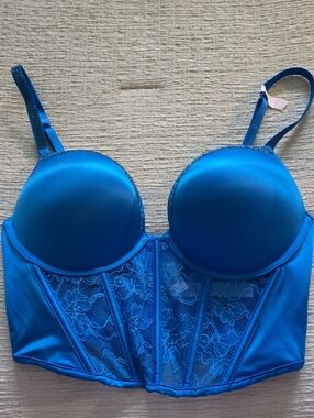 Victoria's Secret Electric Blue Satin Lace Longline Padded Bra